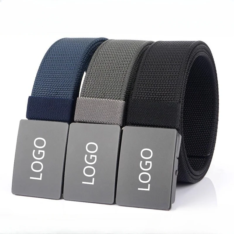 Customized LOGO 120CM Automatic Alloy Zinc Buckle Waist Band for Men Canvas Nylon Tactical Belt Non Perforated Waistband