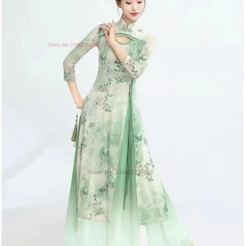 2025 costume da ballo vintage cinese top qipao con stampa floreale tradizionale + pantaloni in colore sfumato set qipao performance sul palco retrò
