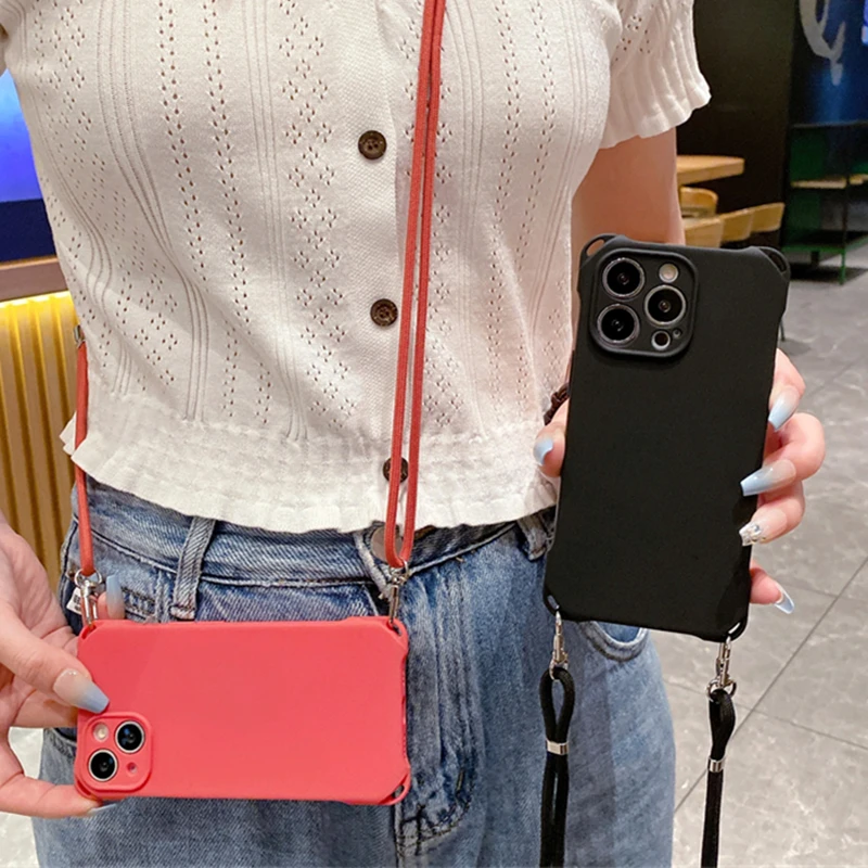 حلوى لون Crossbody قلادة الحبل الحبل لينة سيليكون قضية الهاتف آيفون 14 12 13 برو ماكس 14 زائد حزام غطاء مقاوم للصدمات