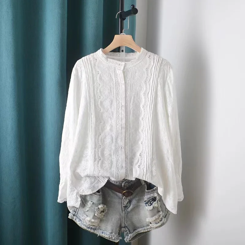 Cotton Bohemian Blouse for Womens Elegant Stand Collar Lace Embroidered Hollow Out Shirts Boho Clothing Youth Women\'s Blouses