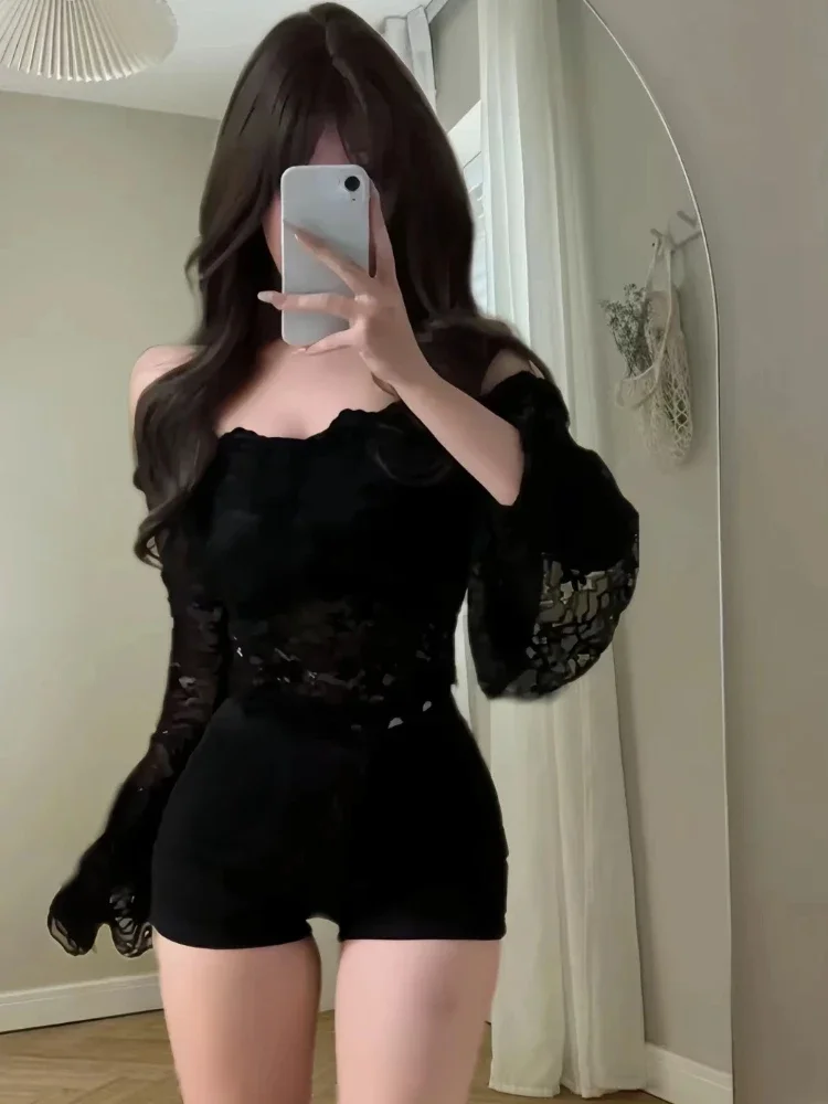 Aesthetic Vintage Skinny Solid 2 Piece Set Women Design Fashion Slim Lace Off Shoulder Tops Women + High Waist Thin Short Pants