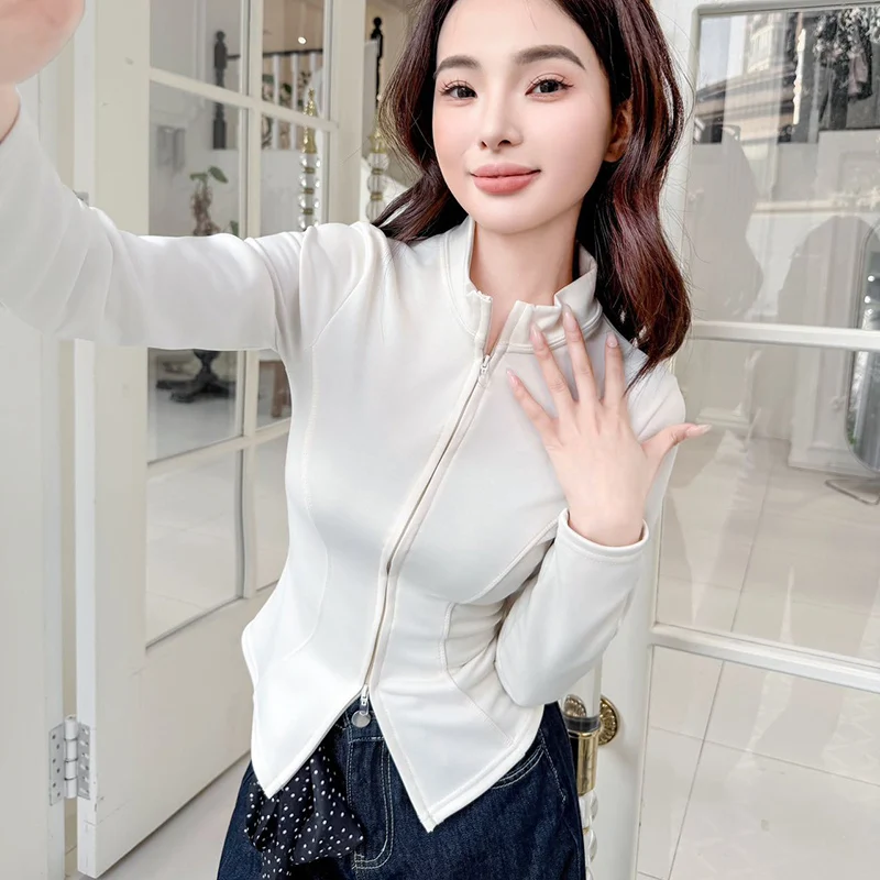

Chic Slim Fit Zipper Up Jackets Women Korean Fashion Stand Collor Long Sleeve Crop Tops Woman Solid Tight Yoga Short Coats