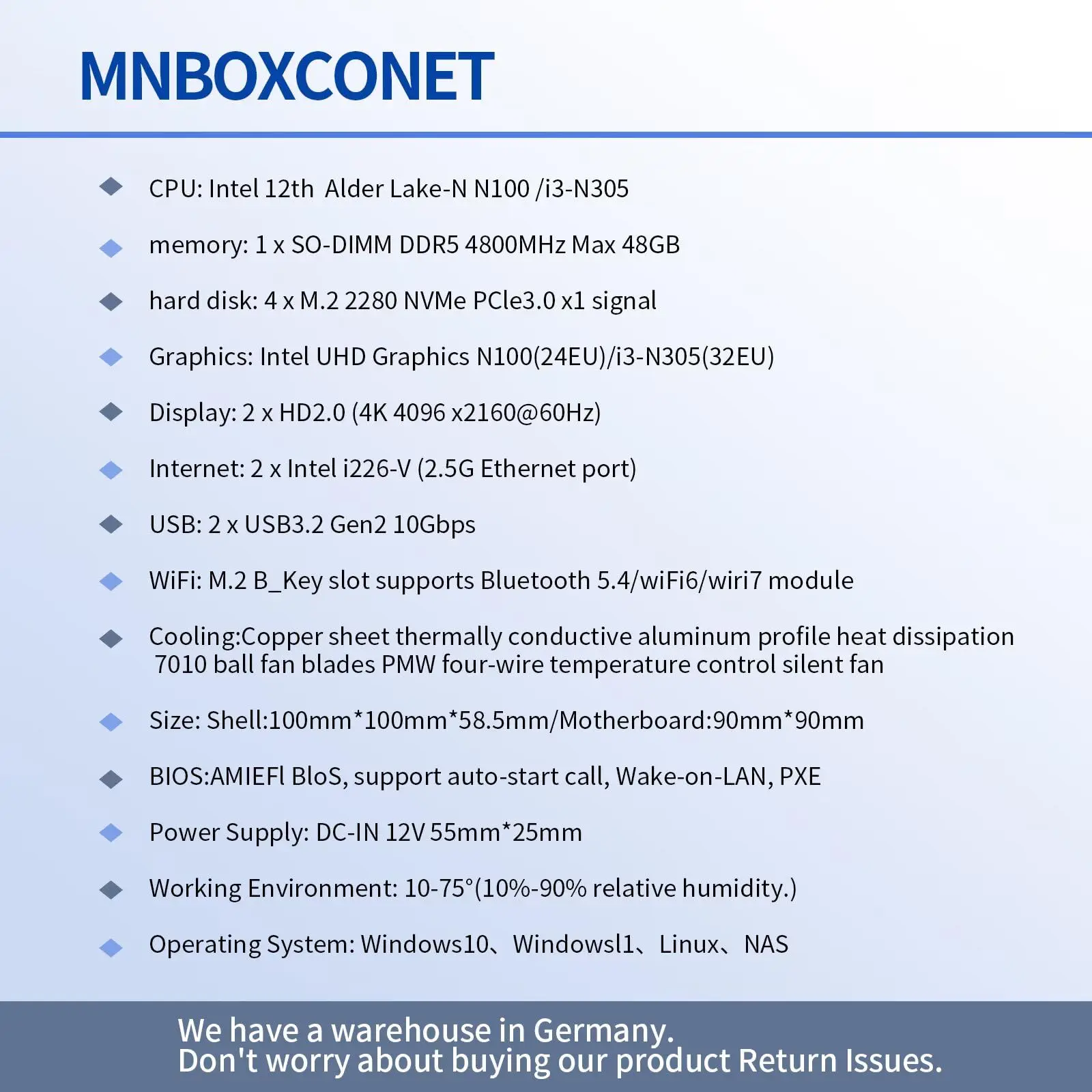 كمبيوتر صغير MNBOXCONET NAS N100، 4 NVME NAS كمبيوتر صغير، كمبيوتر صغير مزدوج 2.5 جيجا بايت LAN 2HD 4K @ 60 هرتز، يدعم توسيع WiFi/BT