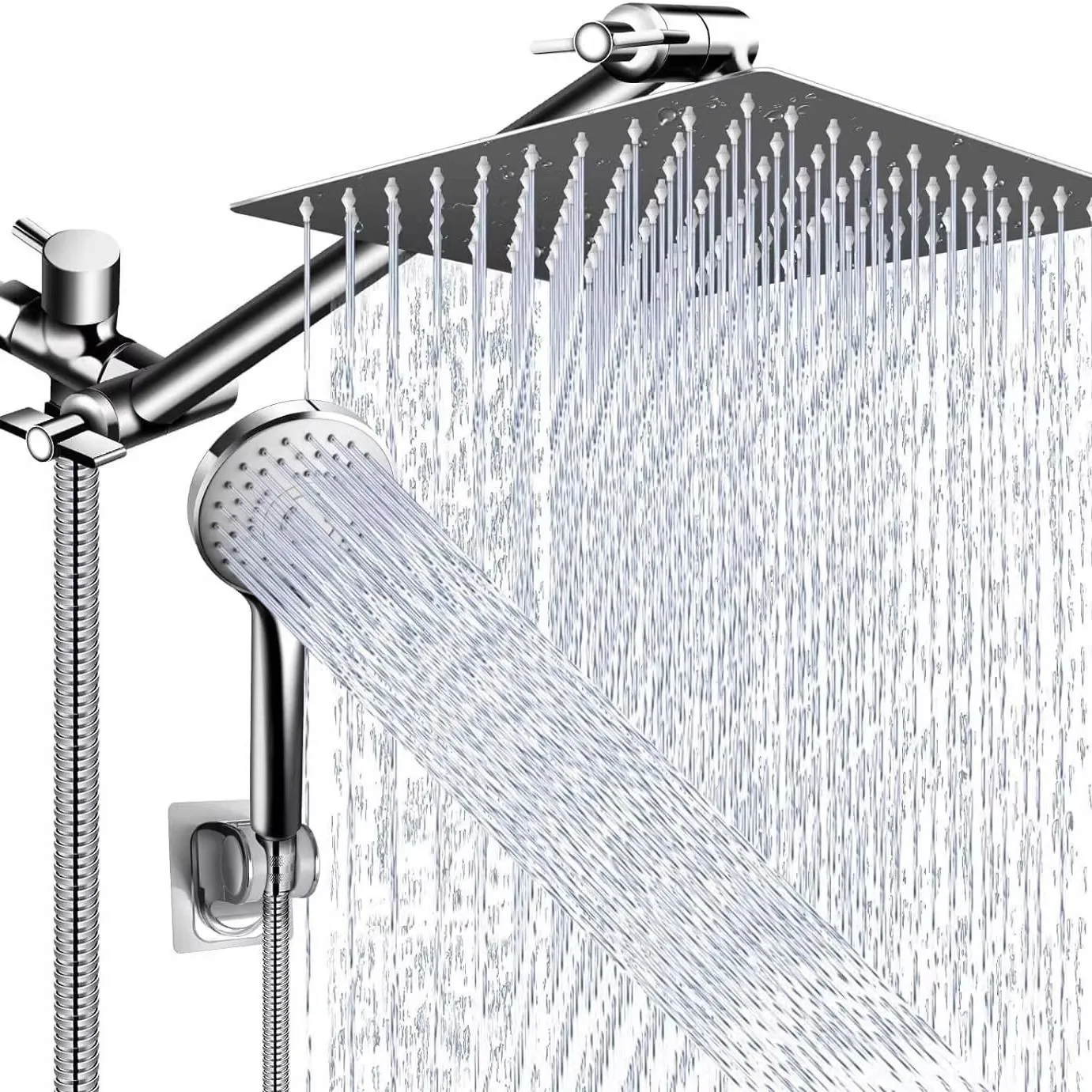 Electroplated Stainless Steel Shower Set, Wall Surface Mount with Extended Arm Top Spray & Multi-function Handheld Shower
