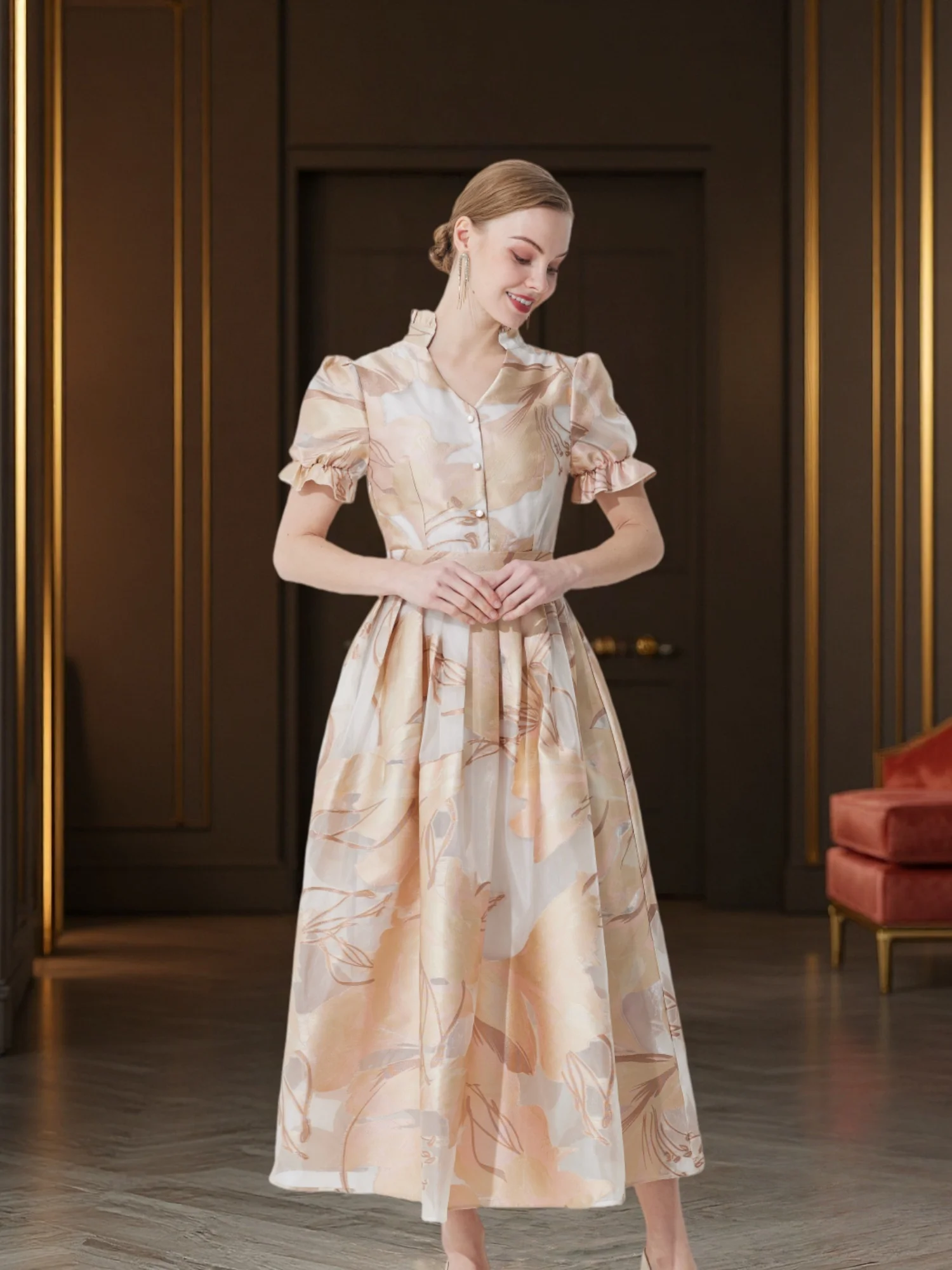 French Vintage Embellished Jacquard Dress with Waist-Cinching Flared Maxi Silhouette for Elegant Banquets and Dates
