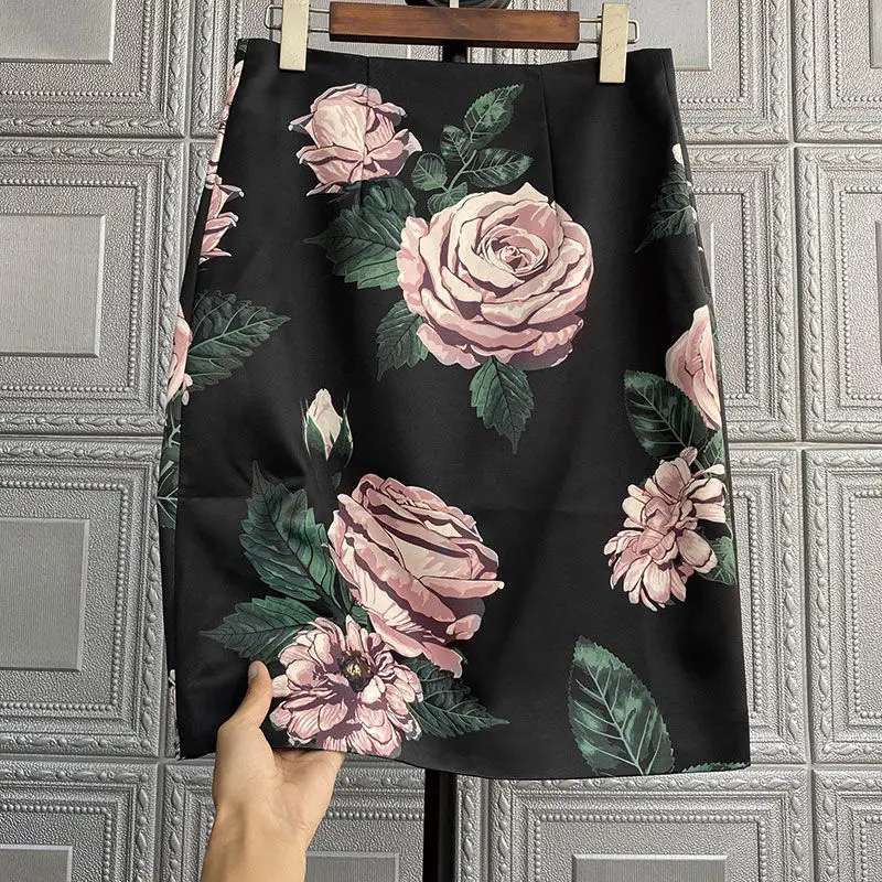 2024 New Summer Commuting Korean Edition Minimalist Fashion Versatile Bag Hip Skirt Printed Zipper Women's High Waist Skirt