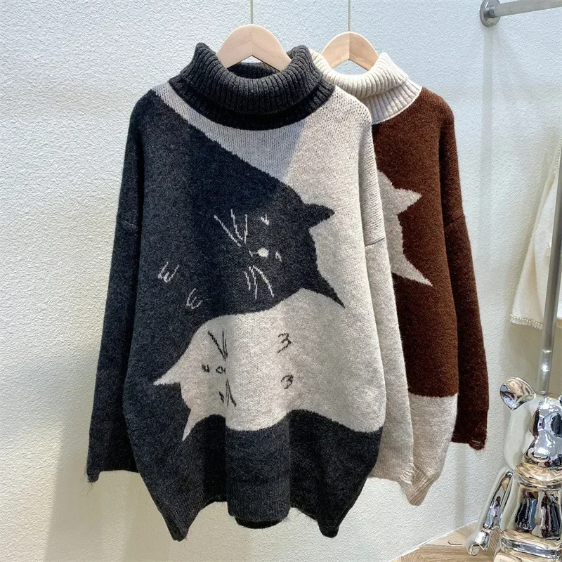 DAYIFUN-Women's Oversized Sweaters,Autumn Winter Turtleneck,Cute Cat Print,Knitted Pullovers,Warm Tops,Female Kawaii Jumpers