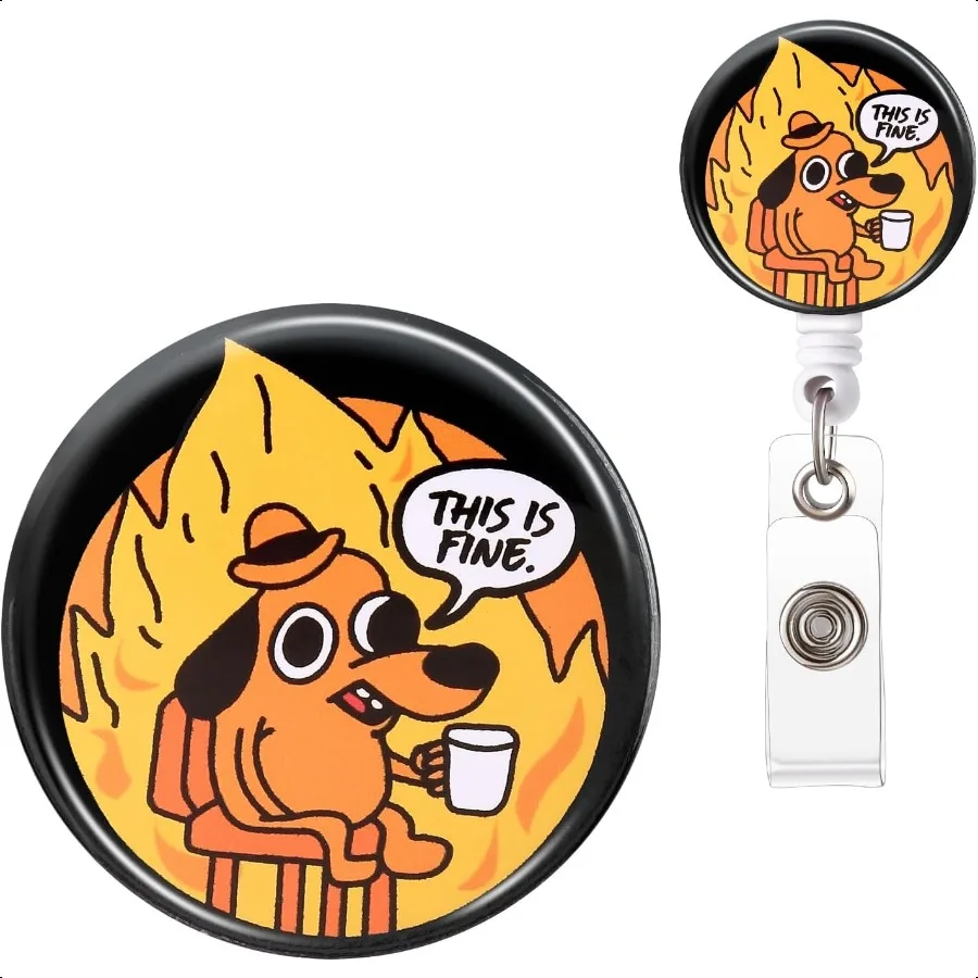 

Badge Reel Funny Badge Holder Cute Badge Clip for This is Fine Dog Retractable ID Badge Clips Office Name Badge Accessories Nu