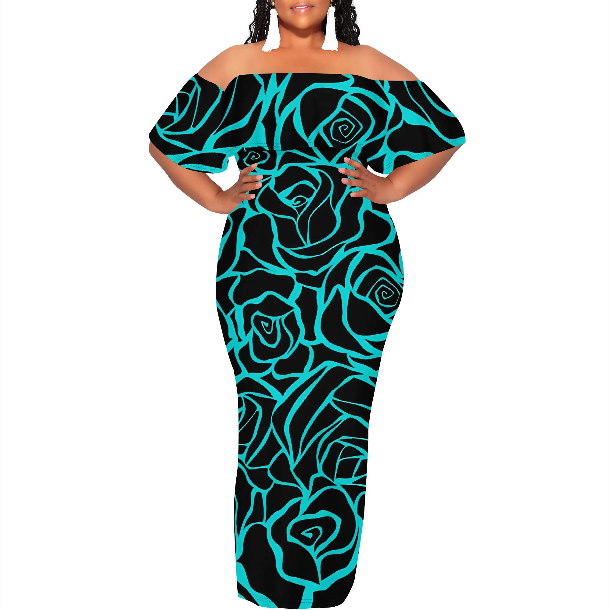 Nupusa Rose Print Off Shoulder Maxi Dress Women Summer Bodycon Long Dress Vintage Party Wear