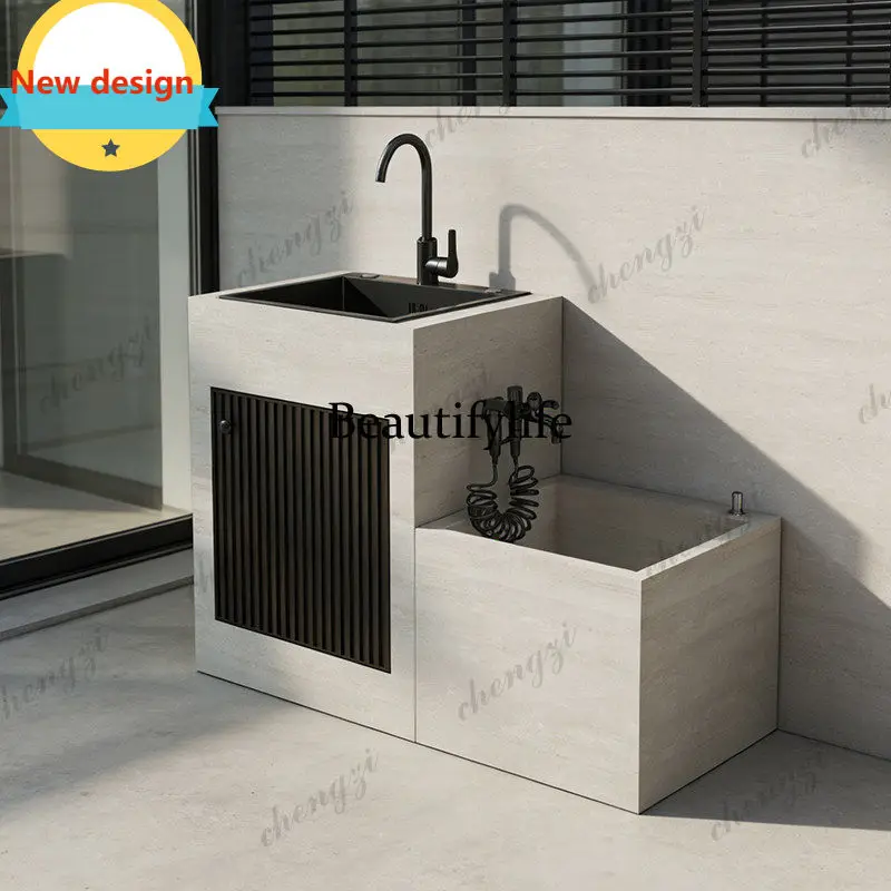 D8000   rock slab outdoor courtyard sink with mop pool integrated basin custom villa outdoor balcony column basin
