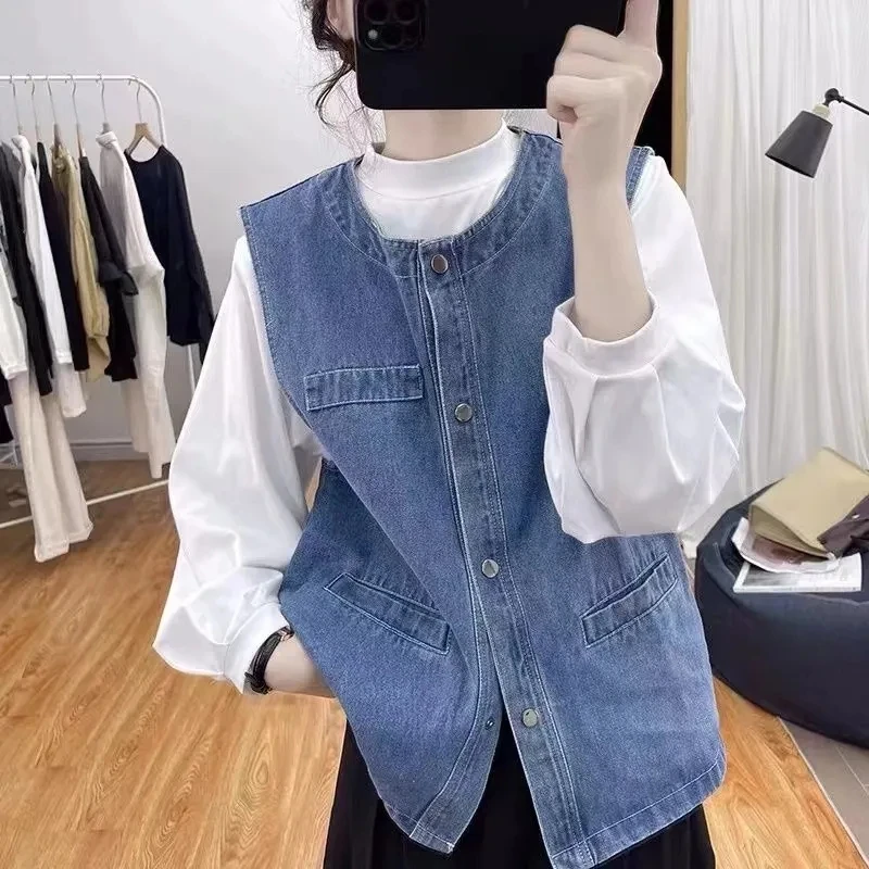 Fashion Round Neck Denim Vest Women's Waistcoat Spring Autumn Loose Retro Korean Style Versatile Sleeveless Denim Jacket Top