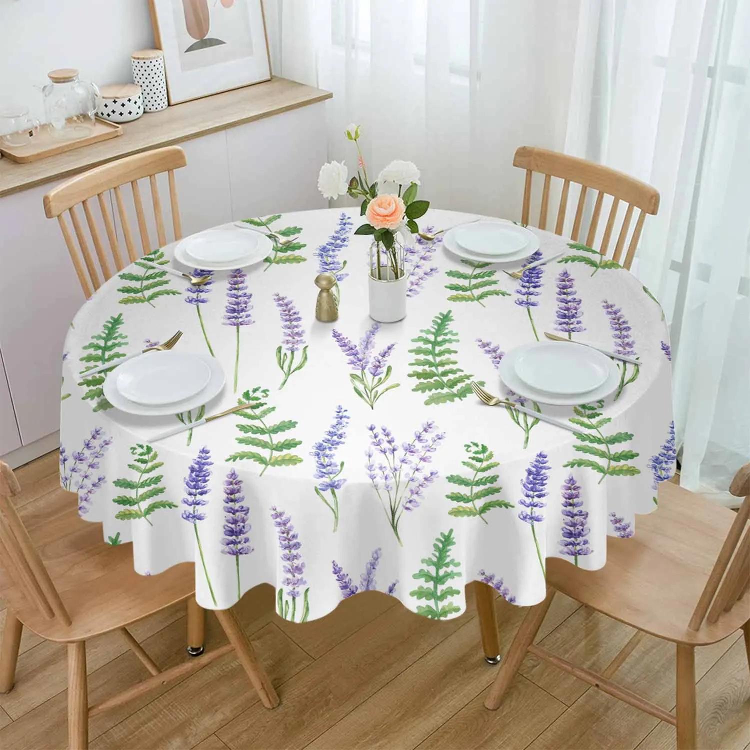 

Lavender Purple Flower Leaves Plants Round Table Cloth Festival Dining Tablecloth Waterproof Table Cover for Wedding Party Decor