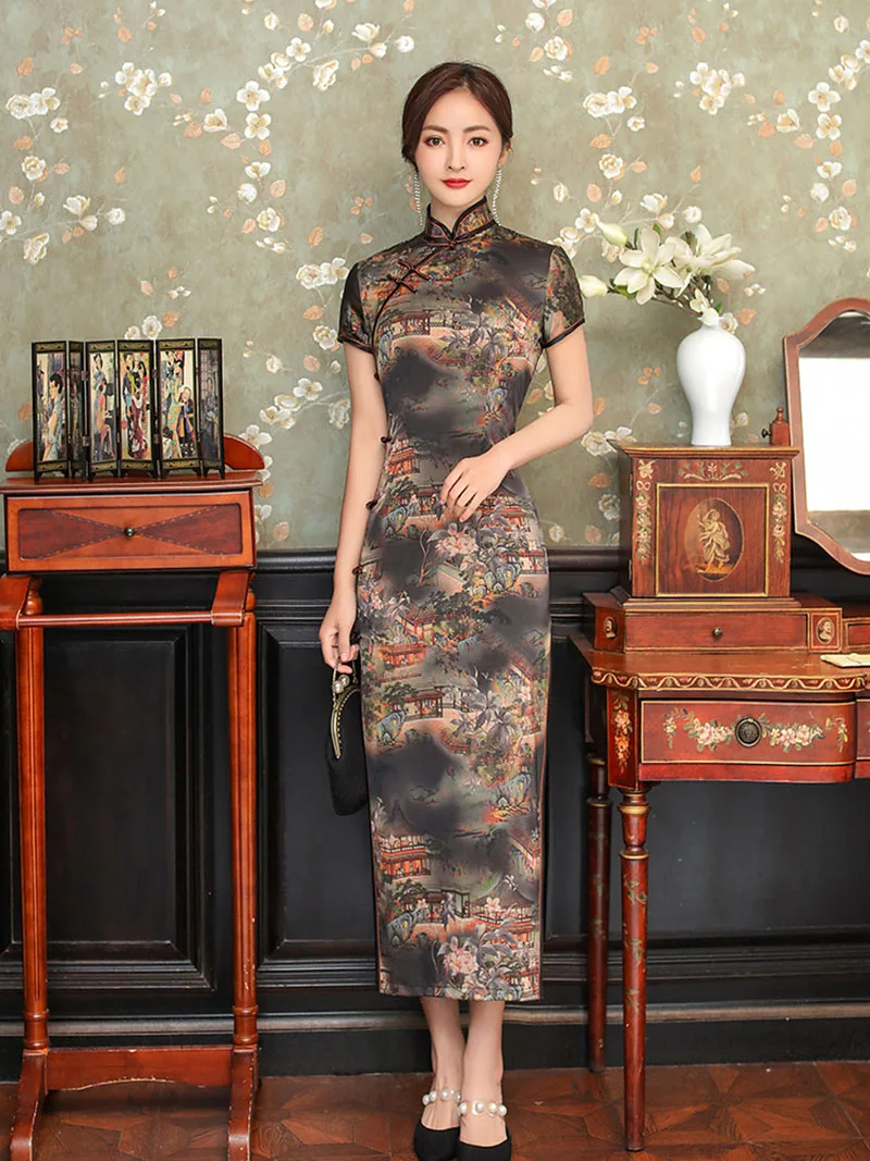 7 Colors Green Silk Cheongsam Summer Vintage Lined Dress Plus Size Party Wedding Costumes Floral Elegant Qipao M To 4XL