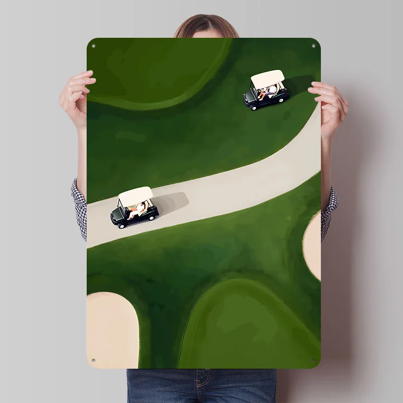Golf Carts on a Green Course Poster Customized Vintage Metal Signs Wall Art Retro Tin Plaque for Decoration Home Custom Plate