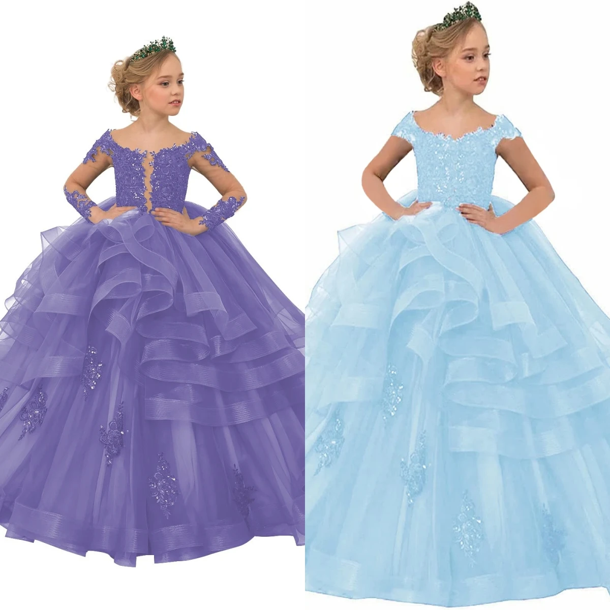 

Customised Elegant Tulle Fluffy Layered Flower Girl Dress Little Princess Ball Beauty Pageant First Communion Evening Gowns