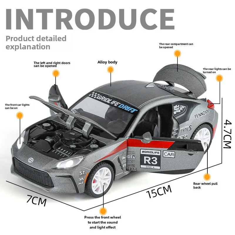 GR86 Modello di auto in lega con simulazione della collezione di luci sonore Scala 1:32 Toyota Voiture in miniatura Bambini Ragazzo Veicolo giocattolo pressofuso