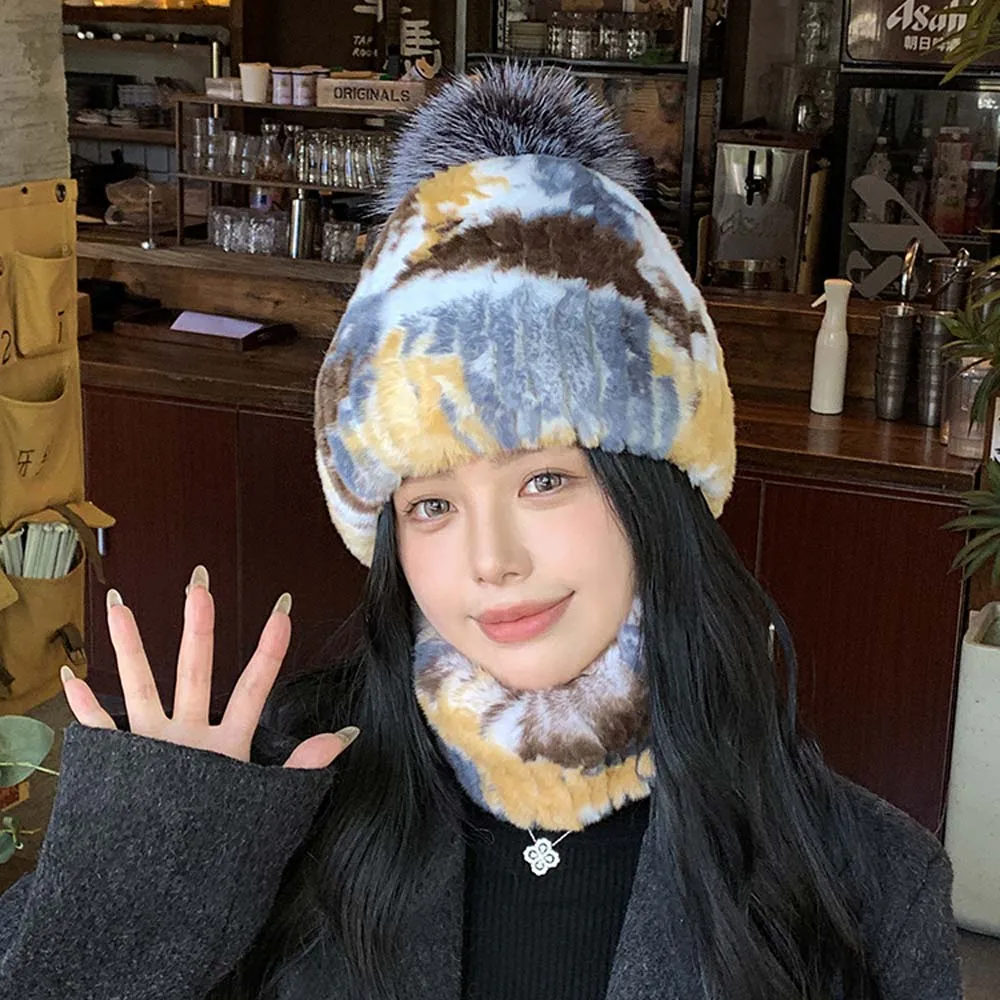 النساء الشتاء ريكس الأرنب الفراء قبعة الرقبة أدفأ موضة الدافئة الإناث ريال فوكس الفراء Pompom الكرة قبعات ريكس الأرنب الفراء الرقبة أدفأ مجموعة #6