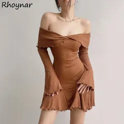 Slash Neck Mini Dress Women Solid Off Shoulder Flare Sleeve Pleated Wave Cut Sexy Sweet Girls A-line Slim Defined Waist Gentle