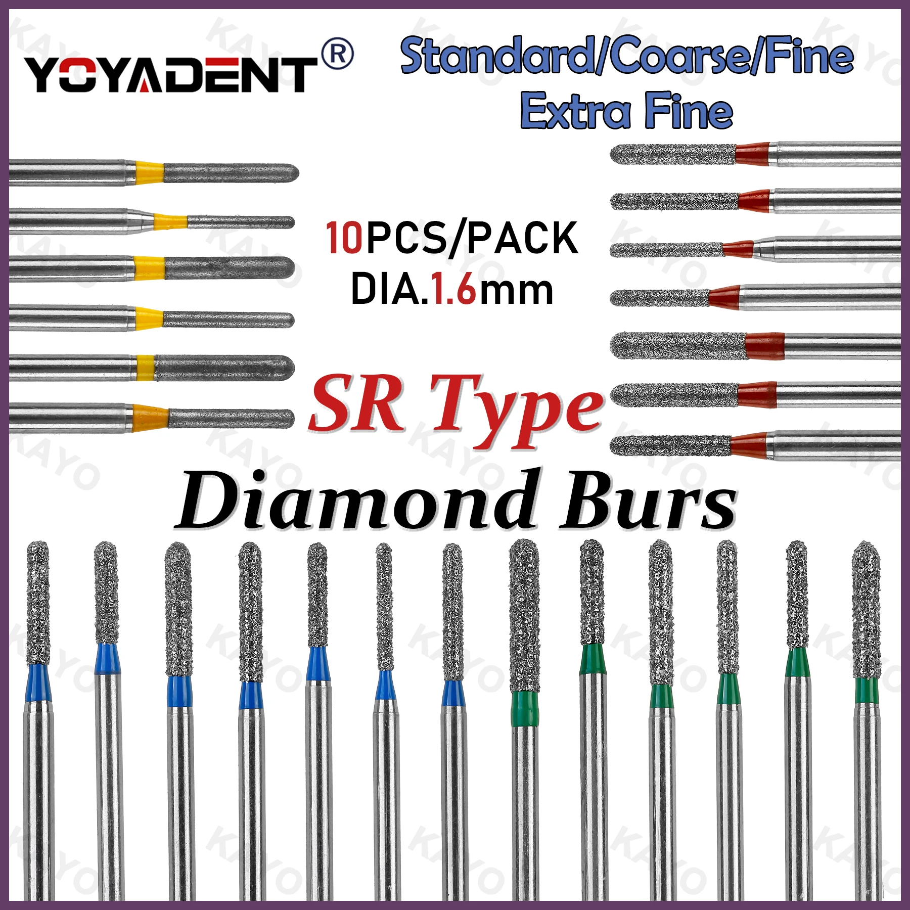 Dental Diamond Burs Straight Round End Standard/Fine/Extra Fine/Coarse/Super Coarse Polishing Drill For High Speed FG1.6mm 10Pcs