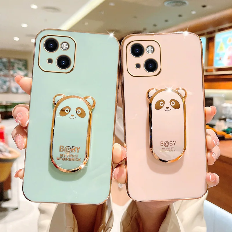 Cute Bear Folding Stand Case For iPhone 15 Pro Max 11 12 13 14 15 Phone Cover High-end Shockproof Cover Golden Plating Cover