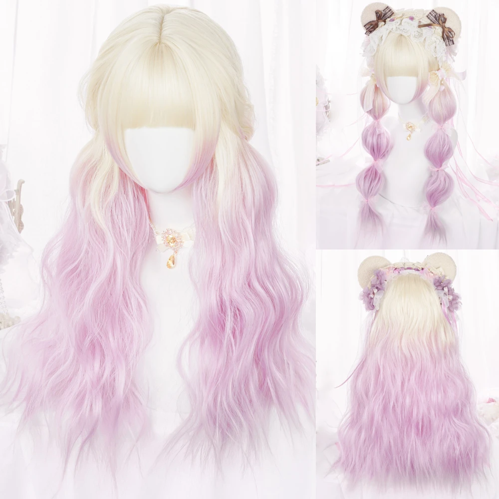 

MSIWIGS Women Blonde To Pink Long Wavy Lolita Style Wig with Bangs Cosplay Party Synthetic Wigs