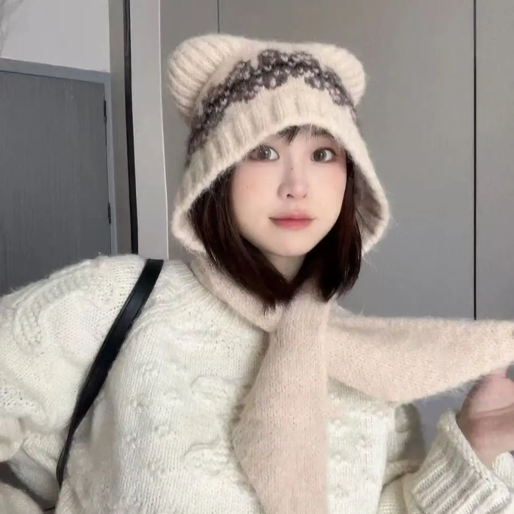 

Fashion Fair Isle Style Jacquard Knitted Hat Fleece-lined Ethnic Style Printing Knit Cap Warm Cute Bear Ears Beanies Girls