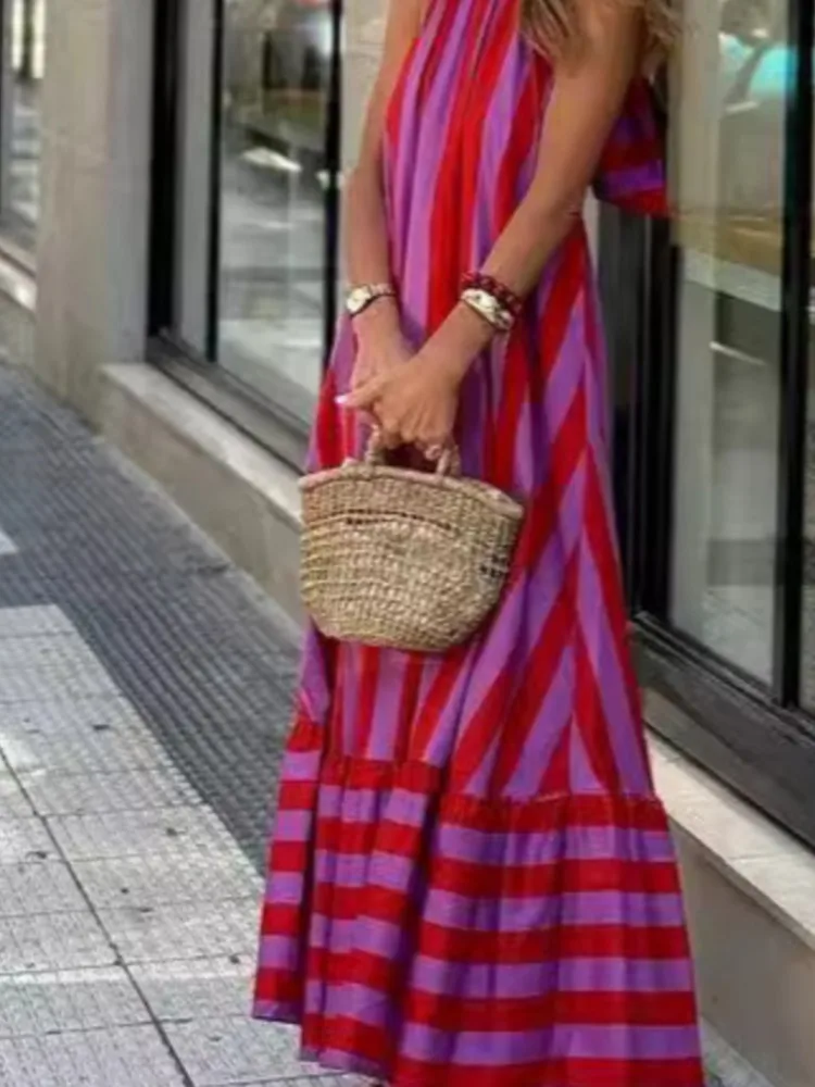 Stripe Print Halter Neck Long Dresses Women Fashion Backless Leace-up Casual Loose Vacation Style Dress Lady Commuting Vestidos