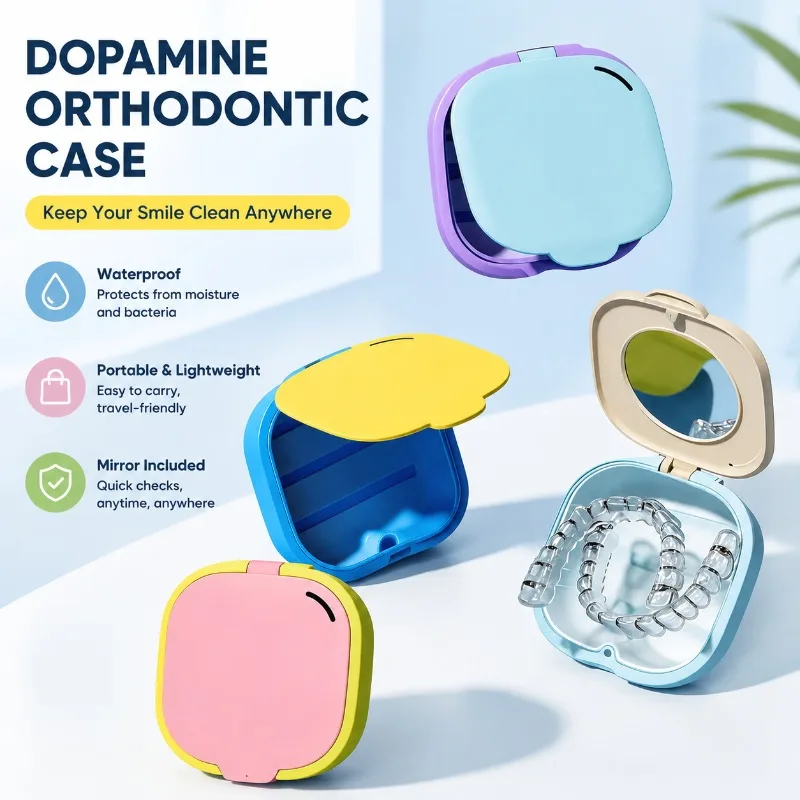 Dopamine Color Retainer Case Portable Orthodontic Aligner Storage Box with Mirror Drain Structure Travel Denture Container