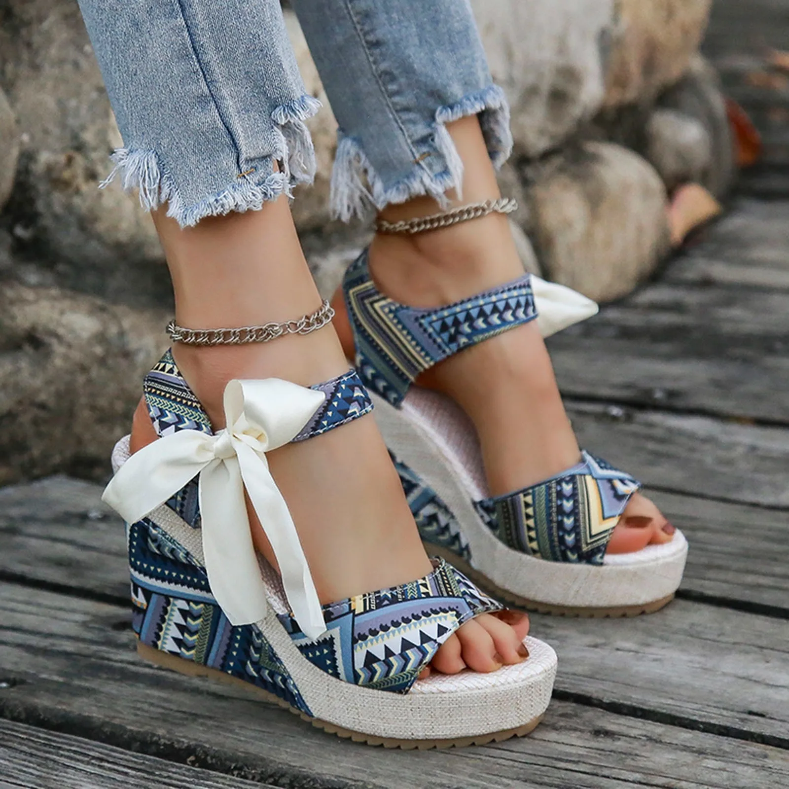 Ladies Summer Beach Boho Floral Wedge Sandals Women Ankle Strap Platform Gladiator Shoes Fashion High Heels Sandalias Mujer