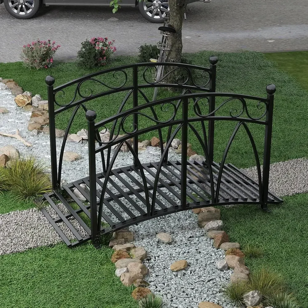 Elevated Outdoor Patio Bridge with Safety Rails, Ornamental Iron Footbridge for Garden or Stream, Black