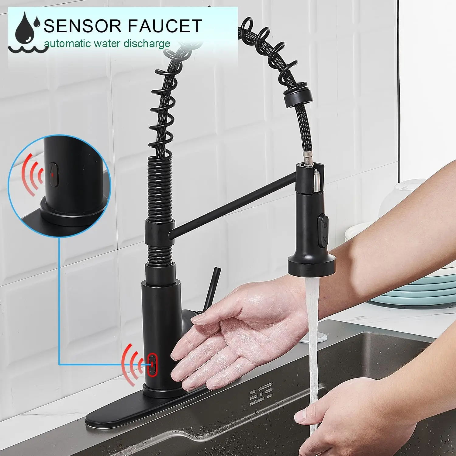 マットブラック シングルハンドル キッチン蛇口 プルダウンスプレーヤー＆モーションセンサー付き