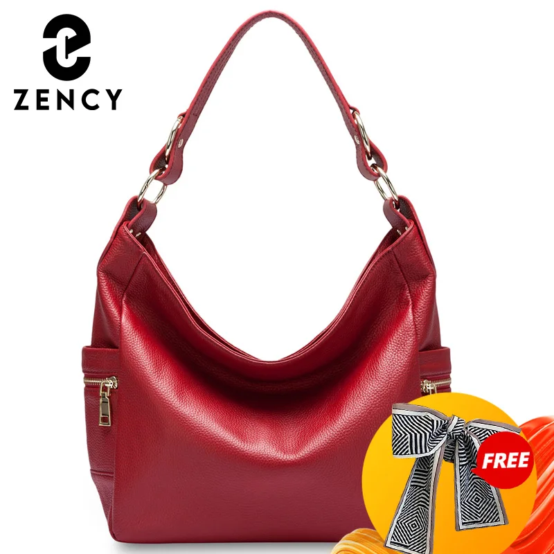 Zency Elegant White 100% Genuine Leather Women Hobo Handbag Shoulder Bag Large Capacity Lady Zipper Crossbody Bags Designer