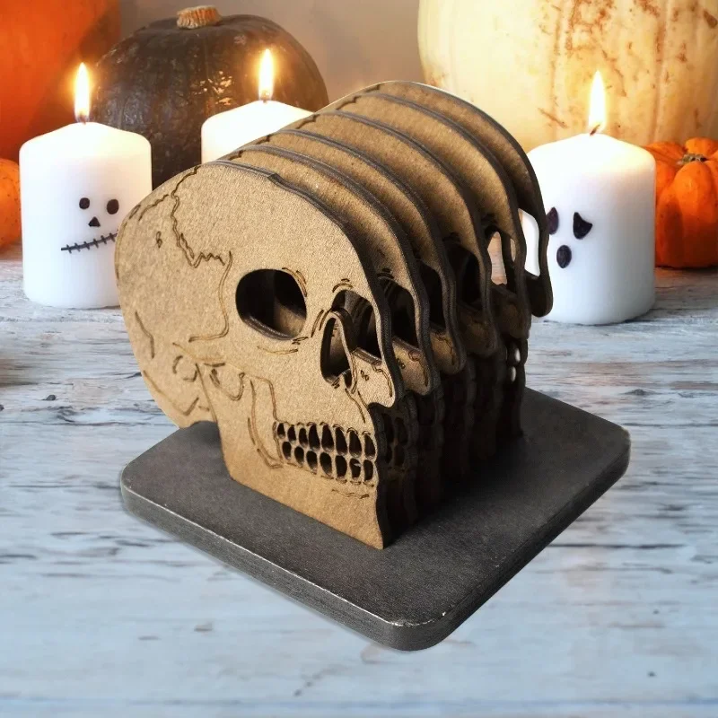 

Halloween Wooden Skull Coasters Set of 6 3D Skull Design Electric Tabletop Decoration Theme Holiday Event and Party Supplies