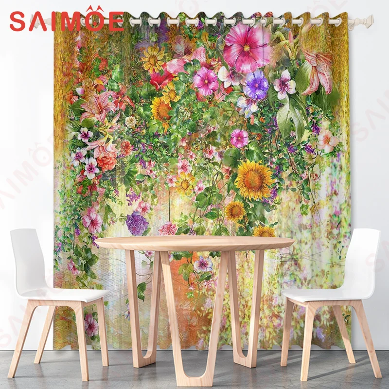 Beautiful Flower Blossom Oil Painting Pattern 3D Sunflower Colorful Curtains Garden Bedroom Girl Bedroom Half Shaded Home Decor