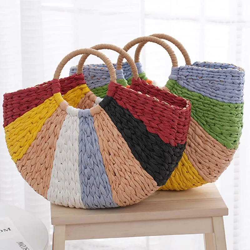 Top Handle Women Straw Woven Handbag Solid Color Summer Beach Hollow Handmade Ladies Bag Crossbody Shoulder Soft Messenger Tote