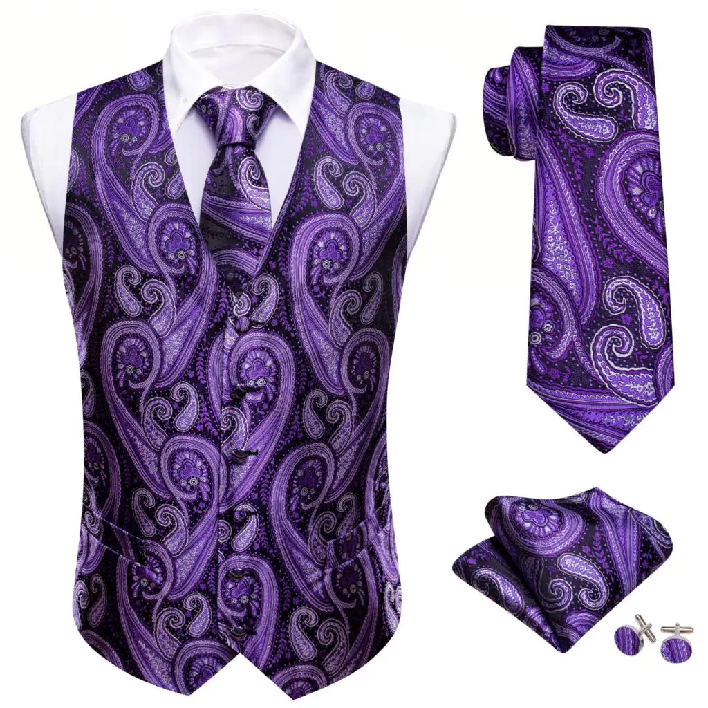 Elegante Gilet per uomo Gilet cravatta Set seta viola nero Paisley abito da sposa formale Gilet senza maniche Steampunk Barry Wang