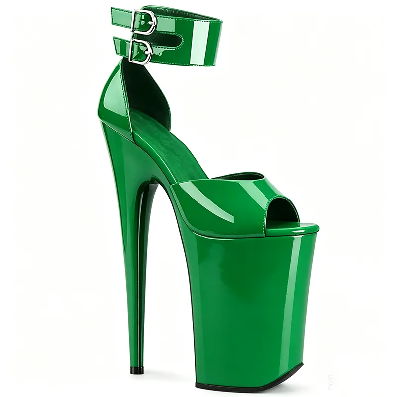 New High Platform 23cm Stiletto Heels Patent Leather Peep Toe Ankle Strap Sandals Double Buckle Nightclub Pole Dance Party Shoes