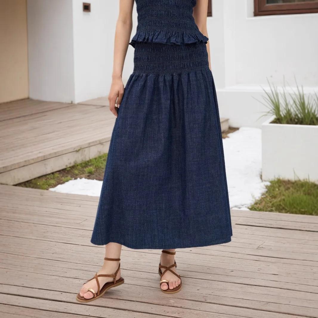 المرأة تقليد الدنيم ماكسي تنورة عالية الخصر Shirred Lmitation الدنيم ألف خط التنانير الطويلة عادية الصيف الربيع جان قيعان