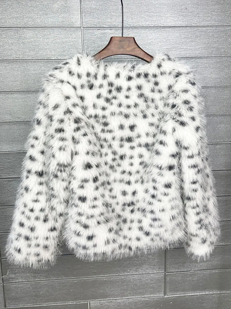 ZADORIN Preppy Style White Leopard Black Dots Faux Fur Coat Women O-Neck Furry Short Faux Fur Jacket Winter Clothes Women 2024