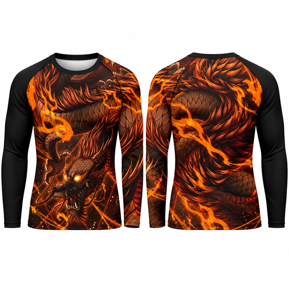 Men's Purple Dragon Full Print Rash Guard Long Sleeve Compression Shirt BJJ Jiu Jitsu MMA Martial Arts Quick Dry Training Top