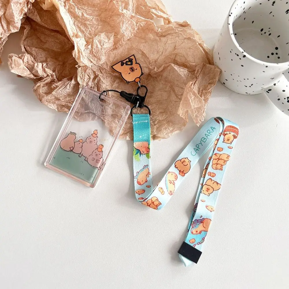 

High Quality Acrylic Capybara Card Holder Sliding Transparent Card Case Cartoon Long Cord Bus Card Cover