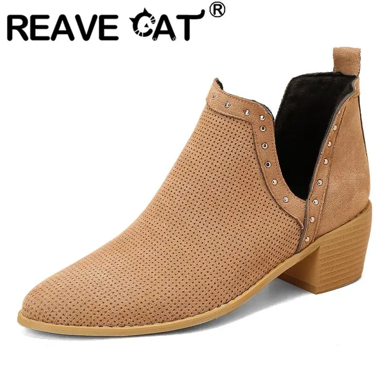 

REAVE CAT New Womens Ankle Boots Pointed Toe Block Heels Slip-on Metal Decoration Big Size 35-43 Mixed Concise Daily Shoes S4110