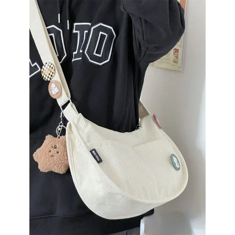 Xiuya Vintage Corduroy Shoulder Bags for Women Japanese Style Fashion Large Capacity Crossbody Bag Literary Commuter New Handbag