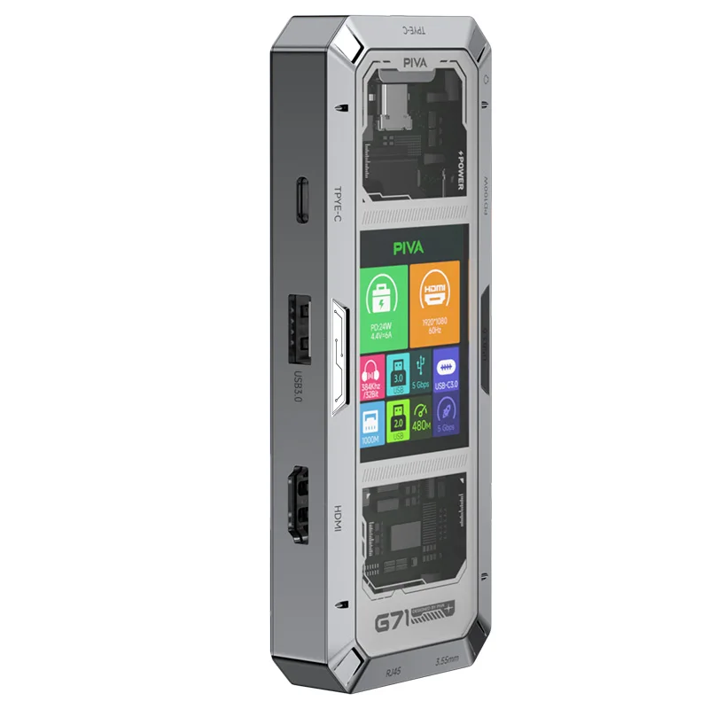 PIVA G71 7 في 1 محطة إرساء مكتبية من سبائك الألومنيوم شاشة عرض ذكية من النوع C إلى HDMI2.0 USB3.0 HUB PD100W محول
