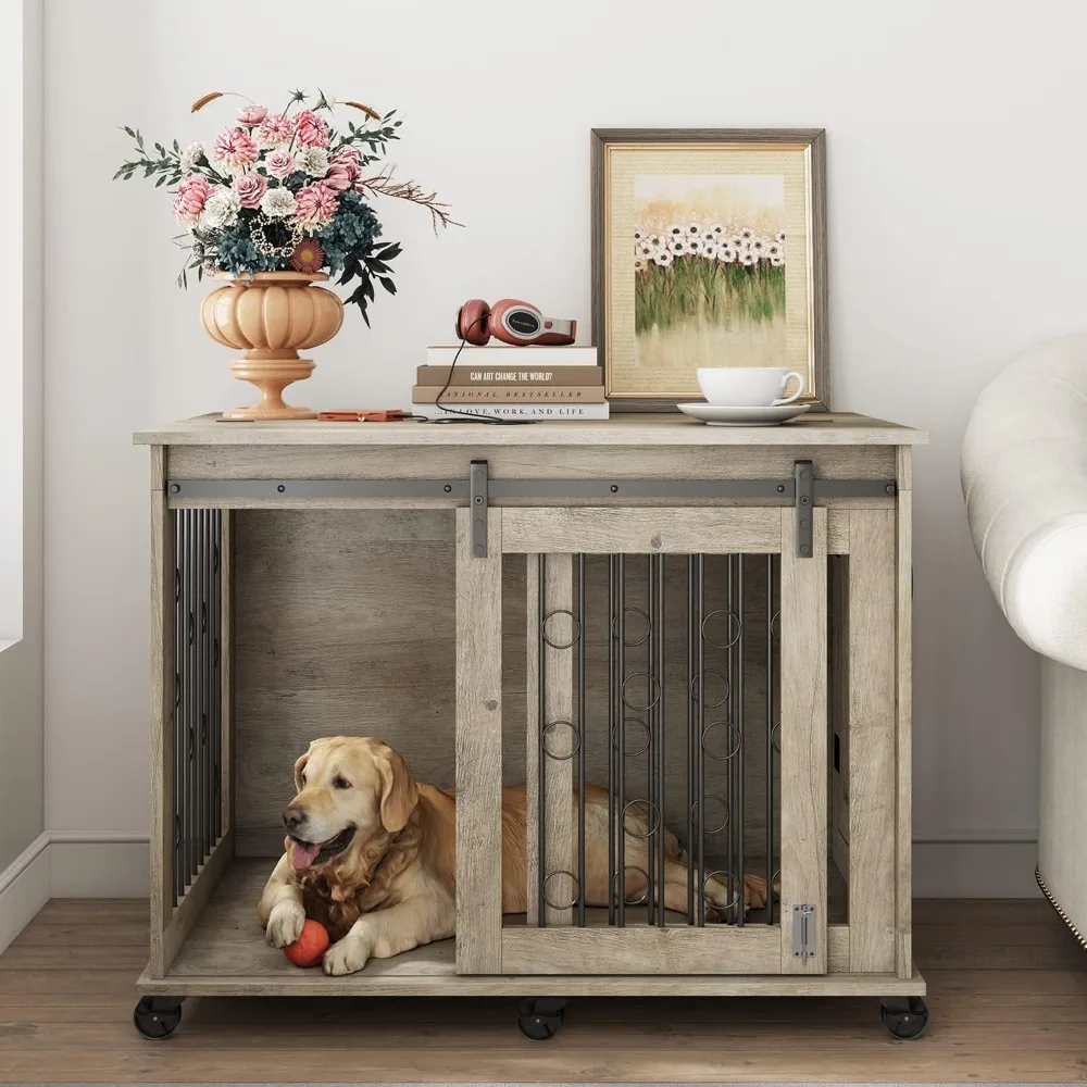 

Large Dog Crate Furniture with Sliding Barn Door, 43.7" Wooden Dog Kennel End Table with Wheels and Flip-top Plate Dog House wi