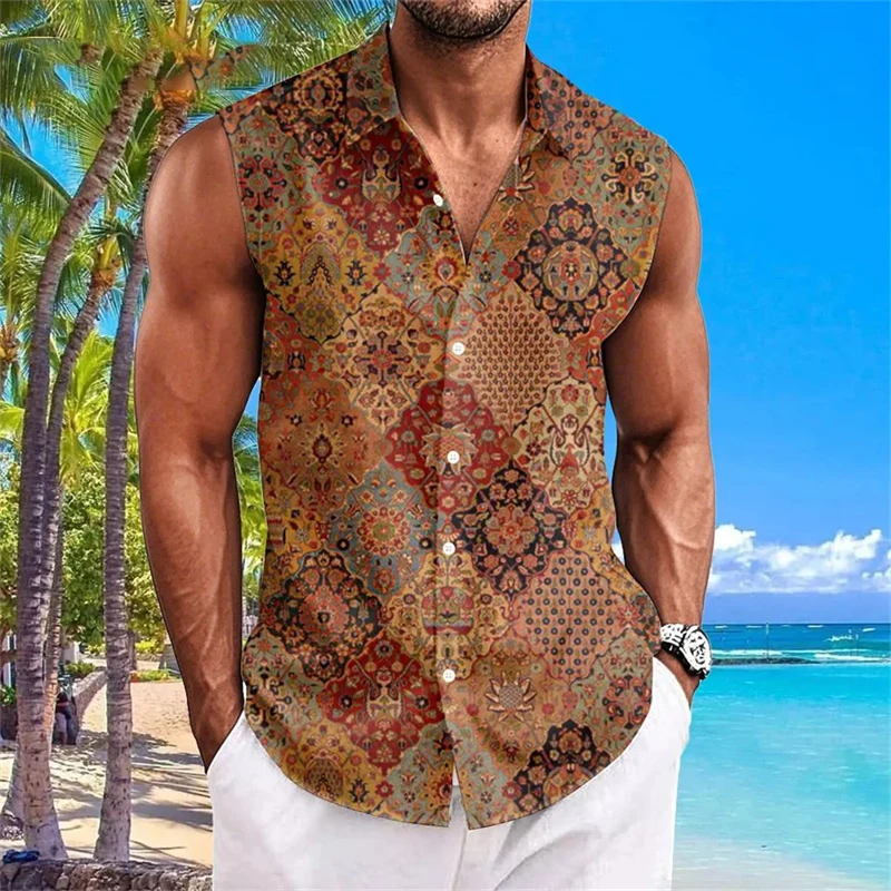 New Men's Summer Pure Color Single Row Zipper 3D Flower Print Sleeveless Men's Shirt Flap Men's Summer