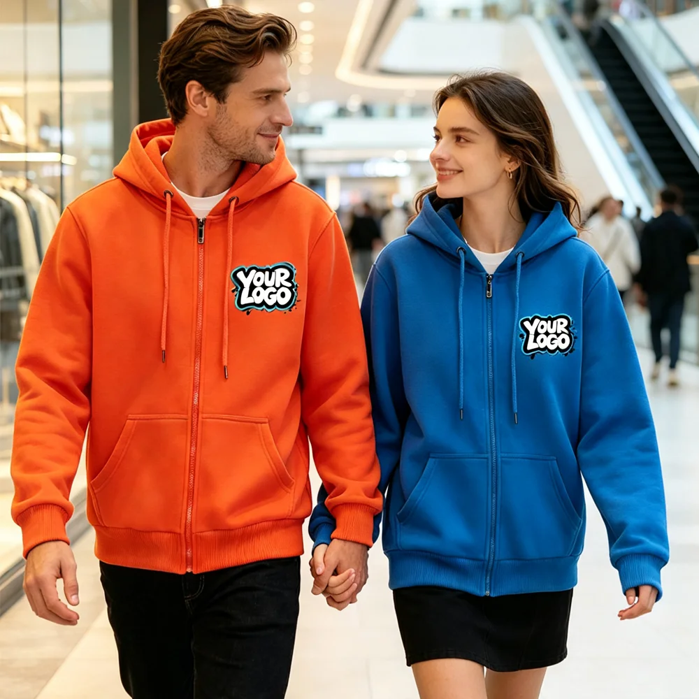 Custom Printed Thick Fleece Zip Up Hoodie Men Women Casual Warm Full Zip Hooded Sweatshirt  Support Image Text Logo Print