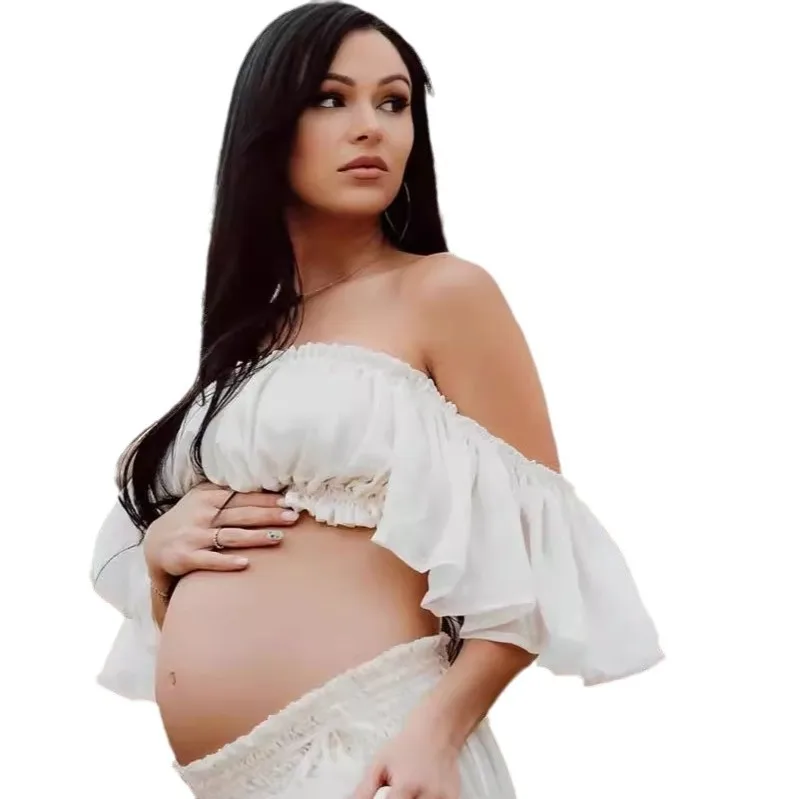 Maternity Long Dress Set Pearl Chiffon Photography White One-Shoulder Maternity Gown For Expectant Mothers Photo Shoots