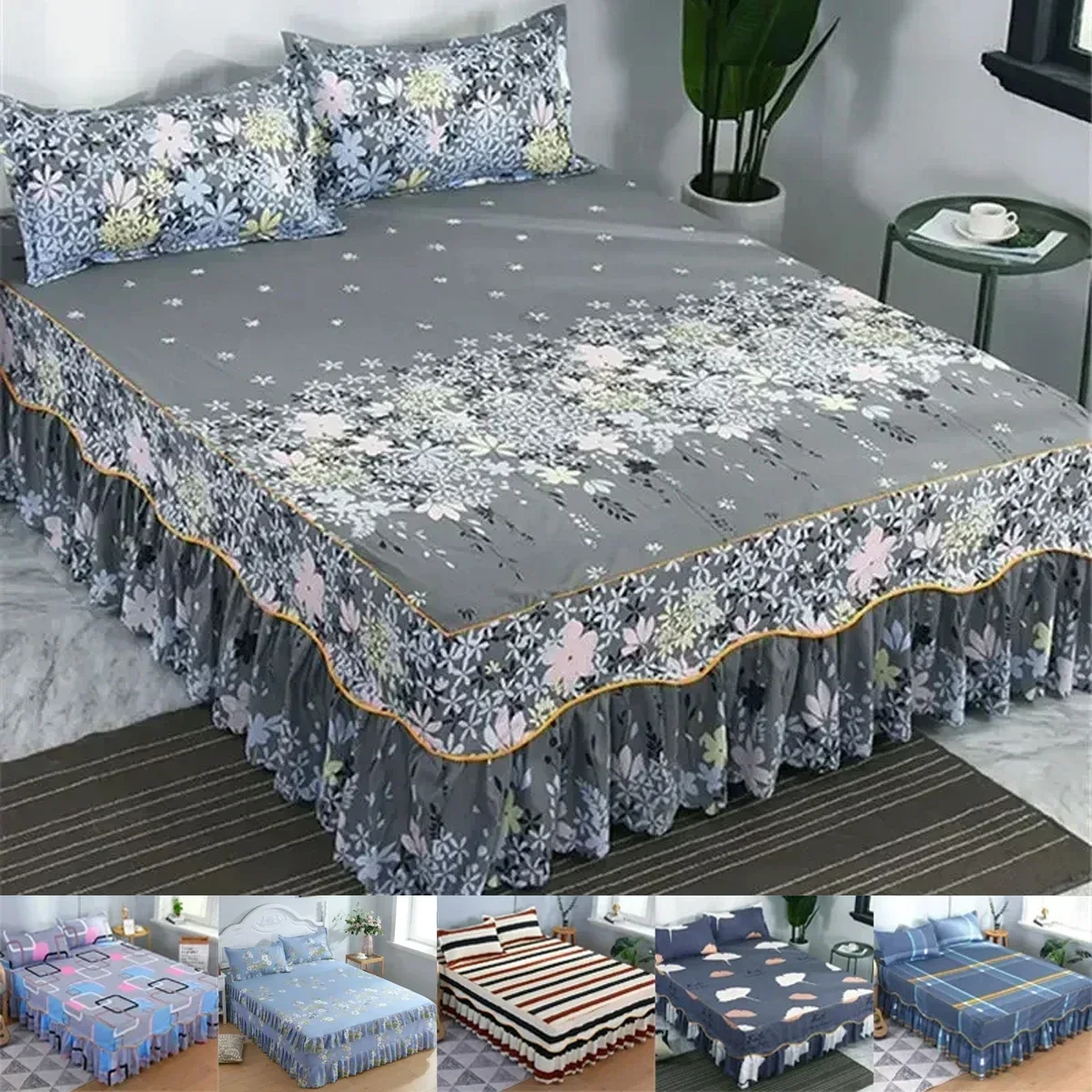 3Pcs Bed Sheet Lace Skirt Elastic Fitted Double Bedspread With Pillowcases Mattress Cover Bedding Set Elastic King Size Bedsheet