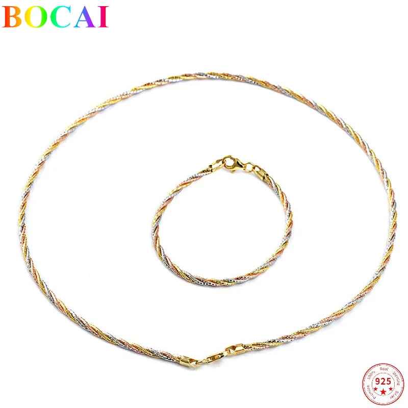 BOCAI S925 Sterling Silver Necklaces for Women Plated Colored Gold 2Wires 2.8mm 3 Wires 3.0mm Rope-chain Jewelry Wholesale